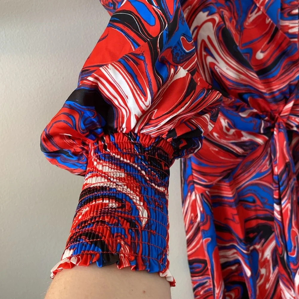 NWT Gabrielle Union x New York & co. Womens M Red Blue Marble-Print Maxi Dress